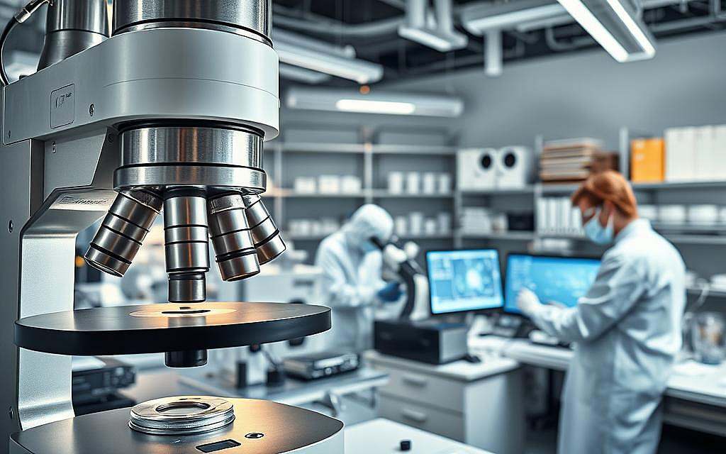 A detailed electron microscope image of a virus research laboratory, showcasing the intricate inner workings of viral analysis. Bright, high-contrast lighting illuminates the sleek, stainless steel equipment and glassware, creating an atmosphere of scientific precision. In the foreground, a sophisticated electron microscope dominates the frame, its lenses and sensors capturing the smallest of viral structures. The middle ground features technicians in sterile, white lab coats carefully handling samples and analyzing data on computer displays. In the background, shelves of analytical instruments and storage containers suggest the depth and scale of the research efforts. The overall scene conveys a sense of meticulous, cutting-edge investigation into the nature of viruses.