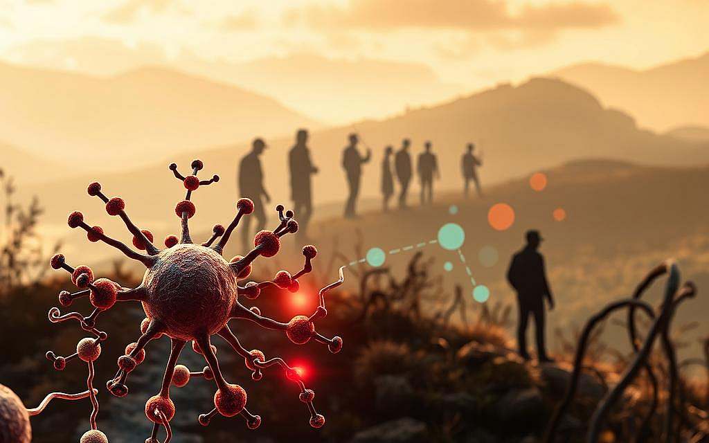A detailed illustration depicting the relationship between autophagy and chronic diseases. In the foreground, an intricate molecular diagram showcases the cellular process of autophagy, with mitochondria, organelles, and various proteins in vivid, high-resolution detail. The middle ground features a series of silhouetted figures representing different chronic conditions, such as heart disease, diabetes, and neurodegeneration, interconnected by glowing pathways to emphasize the role of autophagy in their prevention and treatment. The background is a soft, hazy landscape, evoking a sense of calm and balance, with subtle hints of natural elements like plants or cells to reinforce the biological themes. The lighting is warm and diffused, creating a harmonious and informative composition that visually communicates the importance of autophagy in maintaining overall health and wellness.