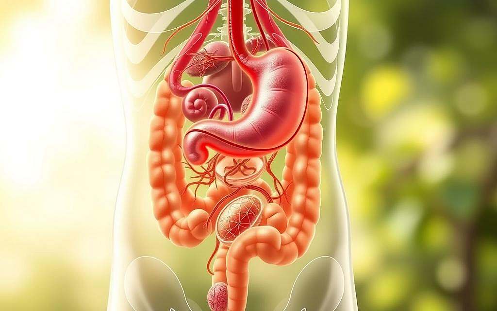 A detailed illustration of "Magen Gesundheit", showcasing the human stomach and its associated organs and systems. The image should feature a vibrant, anatomical depiction of the stomach, highlighting its intricate structures, functions, and the interconnected relationship with overall health. Rendered in a clean, scientific style with a neutral color palette, the image should convey a sense of balance, harmony, and the holistic nature of gastric well-being. Subtle lighting from the side illuminates the delicate complexity of the stomach, while a blurred, organic background suggests the broader context of the body's internal landscape. The composition should be well-balanced, with the stomach as the central focus, surrounded by complementary supporting elements that visually communicate the themes of function, medicine, and alternative approaches to gastric health.