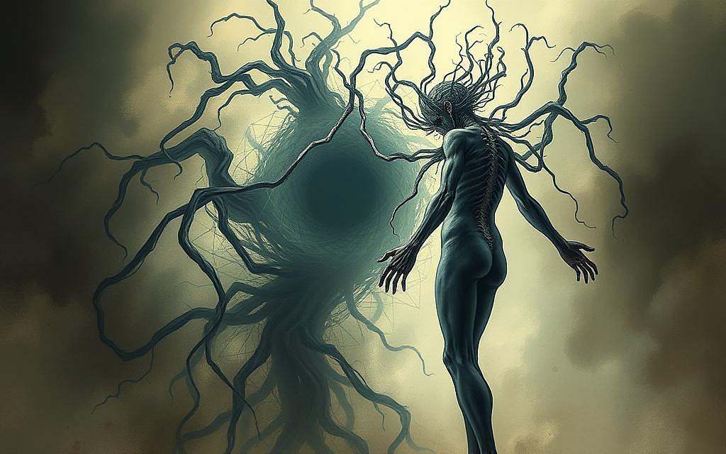 A detailed illustration of "psychosomatik" depicting the intricate connection between the human body and mind. In the foreground, a translucent figure emerges, their body contorted and fragmented, reflecting the physical manifestation of suppressed emotions. The middle ground showcases a swirling vortex of shadowy tendrils, representing the subconscious forces at play. The background is shrouded in a hazy, dreamlike atmosphere, evoking the elusive nature of the mind-body relationship. Lighting is dramatic, with strong chiaroscuro effects highlighting the tensions and dualities present. The overall composition conveys a sense of unease and the profound impact of the psyche on the physical form.