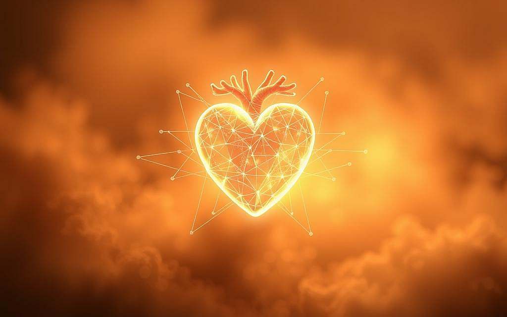 A detailed illustration of the concept of "Herzintelligenz" (heart intelligence). In the center, a glowing, geometric heart-shaped form pulsates with an intricate network of interconnected lines and shapes, representing the complex systems and connections within the heart. The heart is surrounded by a hazy, atmospheric background of soft, muted colors, evoking a sense of tranquility and inner reflection. The lighting is warm and diffused, casting a gentle glow over the entire scene. The composition is balanced and harmonious, with the heart as the focal point, conveying the idea of the heart as a central regulator of our biological system.
