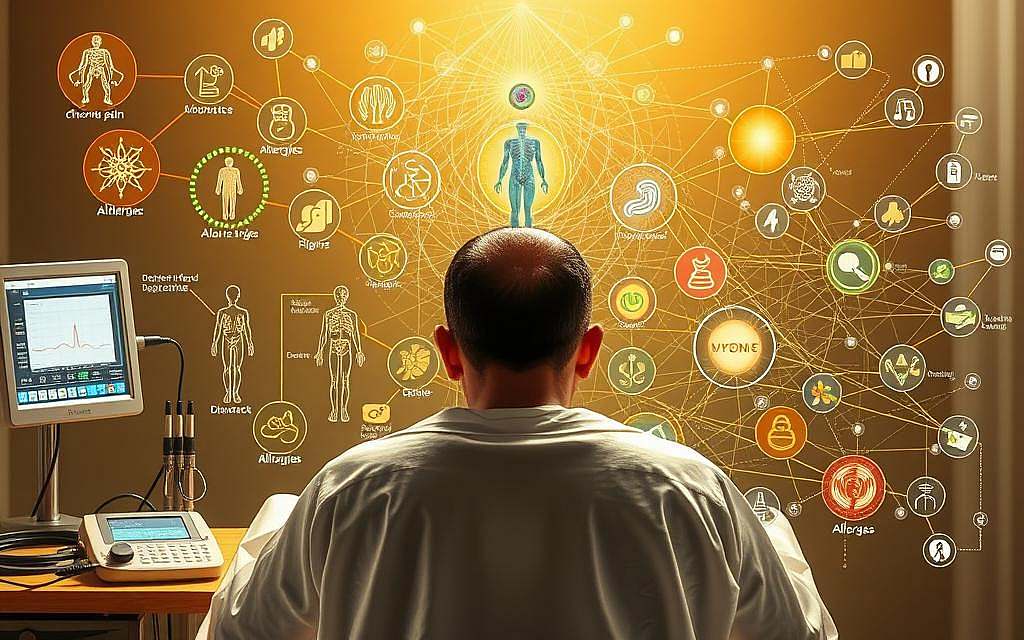 A detailed illustration of the various applications of bioresonance therapy. In the foreground, a person receiving a bioresonance treatment, with various diagnostic equipment and probes visible. The middle ground showcases a diverse range of medical conditions, such as chronic pain, allergies, and digestive issues, each represented by symbolic icons. The background depicts a complex network of interconnected energy fields and frequencies, visualizing the underlying principles of bioresonance. The scene is illuminated by a warm, natural lighting, creating a calming and harmonious atmosphere. The composition emphasizes the holistic and integrative nature of this therapeutic approach.