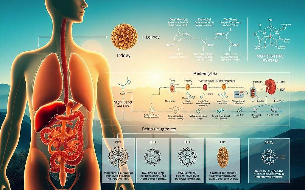 A detailed illustration of various detoxification strategies for cellular regeneration. In the foreground, a panoramic view of the human body's internal organs, with the liver, kidneys, and lymphatic system prominently featured. The organs are illuminated by a warm, natural light, casting soft shadows and highlighting their intricate structures. In the middle ground, a series of molecular diagrams and scientific schematics depict the complex processes of cellular cleansing, including the mobilization of toxins, the activation of antioxidant pathways, and the stimulation of cellular repair mechanisms. The background features a serene, abstract landscape, with soothing gradients of blues and greens, symbolizing the harmonious balance of the body's natural detoxification systems. The overall composition conveys a sense of scientific precision, holistic wellness, and the remarkable resilience of the human body.