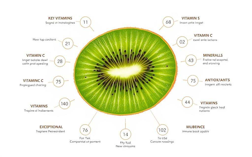 A detailed infographic showcasing the nutritional profile of a fresh, juicy kiwi fruit. The kiwi takes center stage, its vibrant green flesh and tiny black seeds rendered in vivid detail. Surrounding the kiwi are concentric circles highlighting key vitamins, minerals, and antioxidants, presented in a clean, modern layout with a neutral color palette. The image conveys the kiwi's power as a superfood, emphasizing its exceptional vitamin C content and rich array of immune-boosting nutrients. Soft, even lighting casts a natural glow, while a slight depth of field keeps the kiwi in sharp focus. The overall aesthetic is sleek, informative, and visually compelling, ideal for illustrating the nutritional benefits of this green powerhouse fruit.