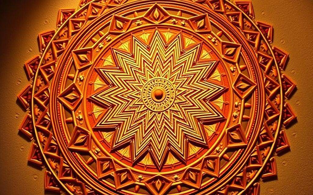 A detailed, intricately patterned mandala composed of sacred geometry, radiating from a central point. Nested circles, triangles, and hexagons intertwine, creating a mesmerizing, kaleidoscopic effect. Warm, earthy tones of ochre, terracotta, and gold predominate, evoking ancient wisdom and timeless spirituality. Soft, diffused lighting illuminates the mandala from within, casting gentle shadows that accentuate the dimensional depth and three-dimensional quality of the design. The overall impression is one of harmony, balance, and the divine symmetry underlying the natural world. Captured with a wide-angle lens to showcase the mandala's full, intricate grandeur.