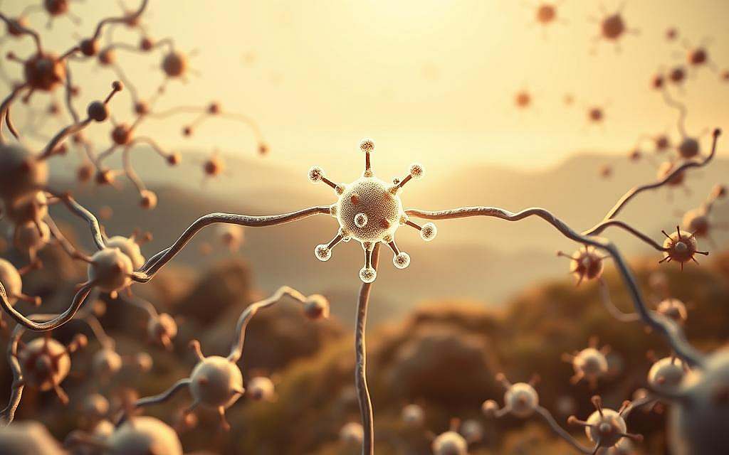 A detailed, lifelike illustration of the human immune system, with a focus on the role of glycine. In the foreground, a network of cells and molecules representing the various components of the immune system, rendered in a highly realistic style with a soft, muted color palette. In the middle ground, a central glycine molecule, glowing with a subtle luminescence, acting as the focal point and driving the immune system's protective response. The background features a serene, natural landscape with clean lines and a calming atmosphere, emphasizing the holistic, nourishing properties of glycine. The lighting is warm and diffused, creating a sense of balance and harmony. The overall composition conveys the power of glycine to strengthen and support the immune system, ready to be featured in the "Das Immunsystem stärken mit Glycin" section of the article.