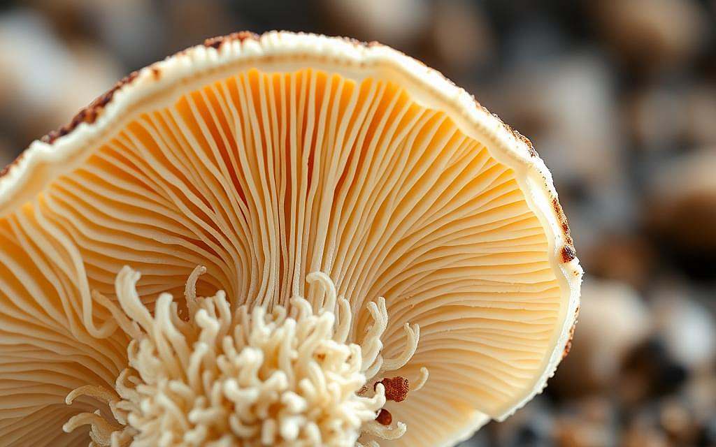 A detailed macroscopic view of an Agaricus blazei Murill (ABM) mushroom, showcasing its intricate cellular structure and highlighting the key anti-inflammatory compounds responsible for its medicinal properties. The image should depict the mushroom's cap, gills, and mycelium in high resolution, with a focus on the cellular features and biochemical pathways that contribute to its anti-inflammatory effects. Utilize natural lighting and a shallow depth of field to create a visually striking and informative illustration that effectively conveys the scientific significance of ABM's inflammation-modulating capabilities.