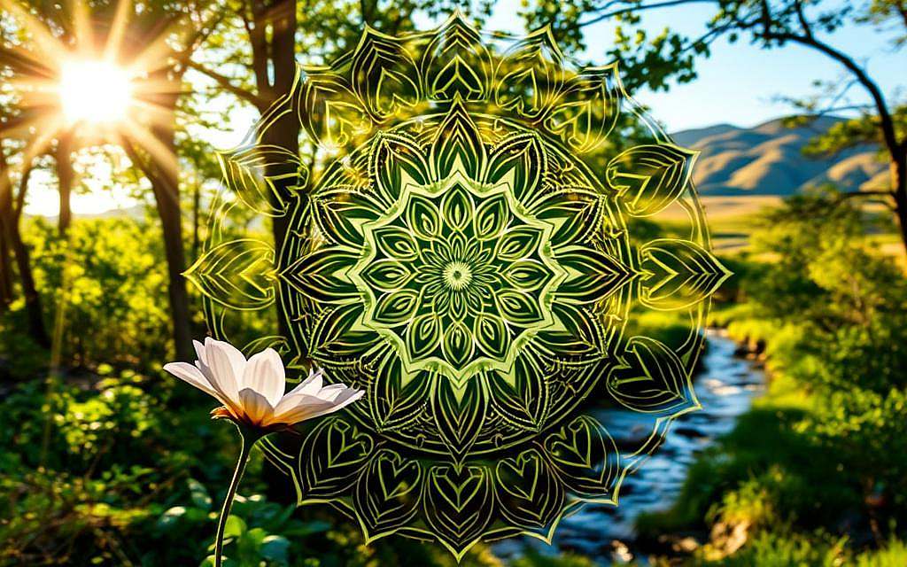A detailed mandala-like pattern emerges from a natural scene, showcasing the intricate symmetry and organic forms found in the world around us. Sunlight filters through a lush forest canopy, casting a warm, ethereal glow on the scene. In the foreground, a delicate flower blossom opens its petals, mirroring the concentric rings and radial symmetry of the mandala structure. In the middle ground, a flowing stream meanders through the landscape, its swirling eddies and ripples echoing the curvilinear motifs. In the distance, rolling hills and a clear blue sky complete the serene, meditative atmosphere. The image conveys a sense of balance, harmony, and the underlying mathematical patterns inherent in nature - a visual representation of the divine order and the soul's connection to the cosmos.