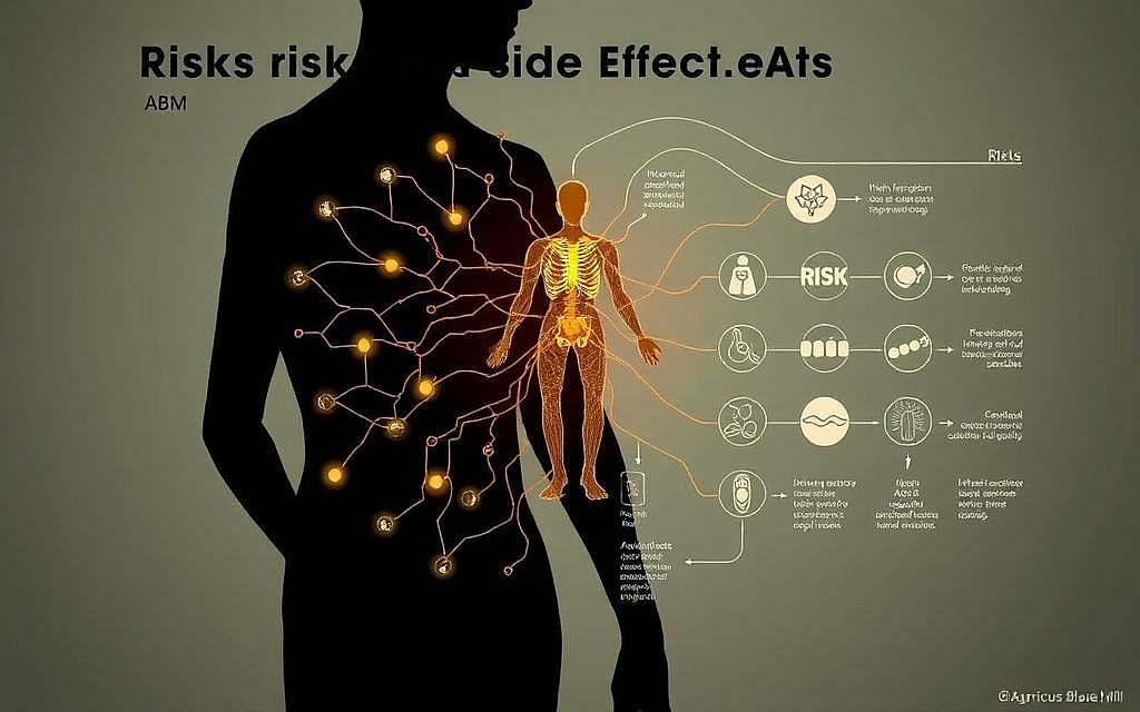 A detailed medical diagram depicting the "Risks and Side Effects of ABM (Agaricus Blazei Murill)". In the foreground, a central focus on a human silhouette overlaid with a network of interconnected pathways, representing the various potential impacts on the body's systems. The middle ground showcases a series of iconographic symbols, each symbolizing a specific risk or side effect, such as inflammation, immune response, and cellular changes. The background features a muted, clinical color palette, evoking a sense of seriousness and scientific inquiry. The lighting is soft and diffused, creating a sense of depth and dimension. The composition is balanced and organized, guiding the viewer's eye through the key areas of concern. The overall tone is one of informative clarity, allowing the viewer to understand the complex relationship between this medicinal mushroom and its potential risks.