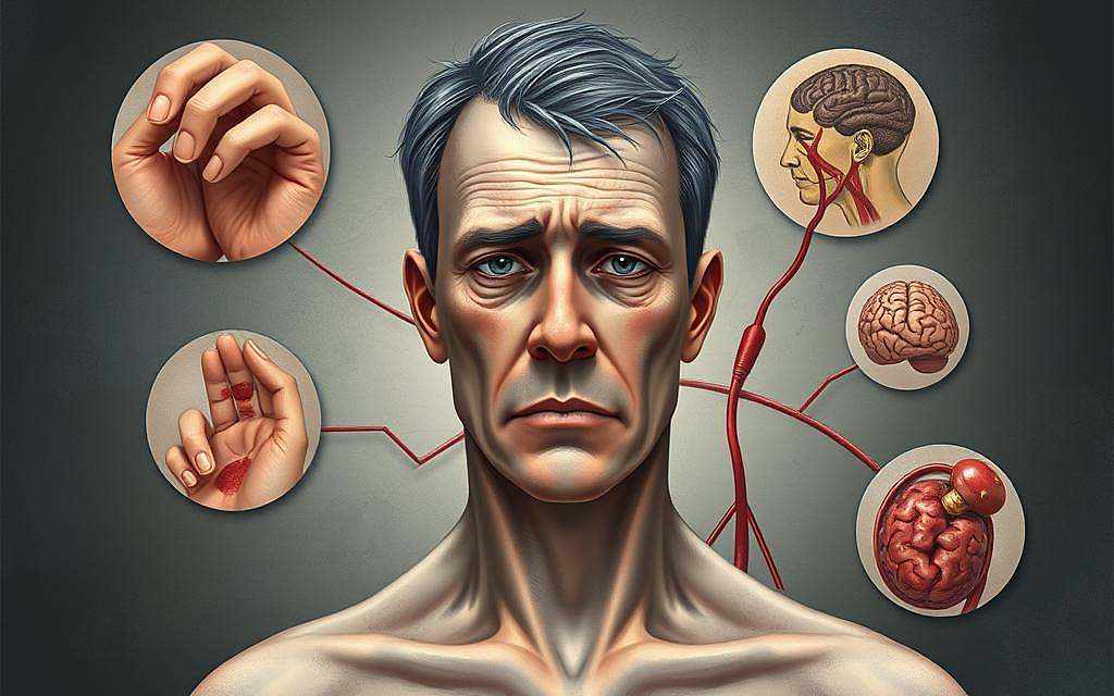 A detailed medical illustration depicting the consequences of untreated iron deficiency. In the foreground, a human figure appears fatigued, pale, and anemic, with sunken eyes and a weary expression. Surrounding the figure, subtle visual metaphors symbolize the systemic effects - weakened nails, thinning hair, and diminished cognitive function. In the middleground, the figure's circulatory system is visualized, showing constricted blood vessels and restricted oxygen flow. In the background, a dreary, muted color palette evokes the somber mood and serious health implications of this condition. Rendered with photorealistic precision using a clinical, anatomical style to underscore the medical subject matter.