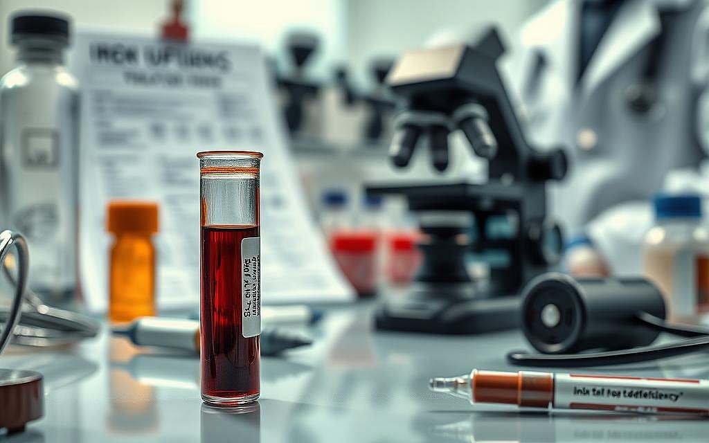 A detailed medical laboratory setting with a close-up view of a blood sample in a test tube, surrounded by various medical instruments and equipment. The image should have a clinical, professional atmosphere, with soft lighting and a focus on the diagnostic process. Include specific elements like a glass microscope, a medical chart, and a doctor's lab coat in the background to reinforce the medical context. Convey a sense of scientific analysis and the importance of accurately diagnosing iron deficiency through blood tests.