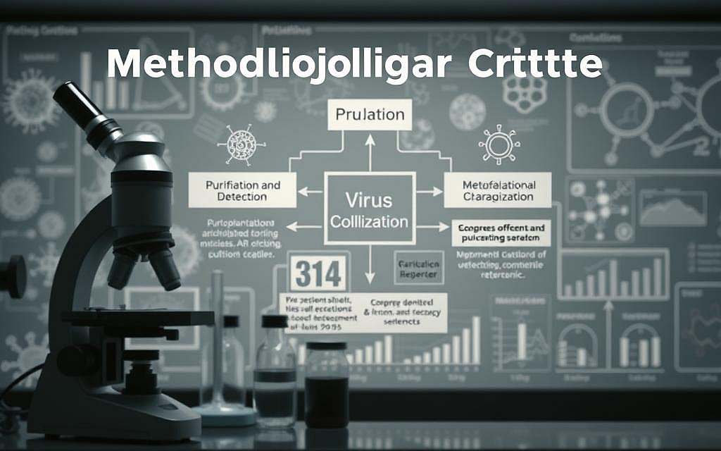 A detailed scientific diagram depicting the methodological critique of virology. In the foreground, a microscope and laboratory equipment, symbolizing the processes of virus isolation and detection. In the middle ground, a stylized representation of the purification and characterization steps, with arrows and diagrams highlighting the challenges and limitations. In the background, a subdued scientific backdrop with molecular structures and statistical visualizations, conveying the in-depth analytical approach. The lighting is sharp and clinical, with a muted color palette to emphasize the technical nature of the subject. The overall composition suggests a thoughtful, evidence-based examination of the methodological foundations of virology.