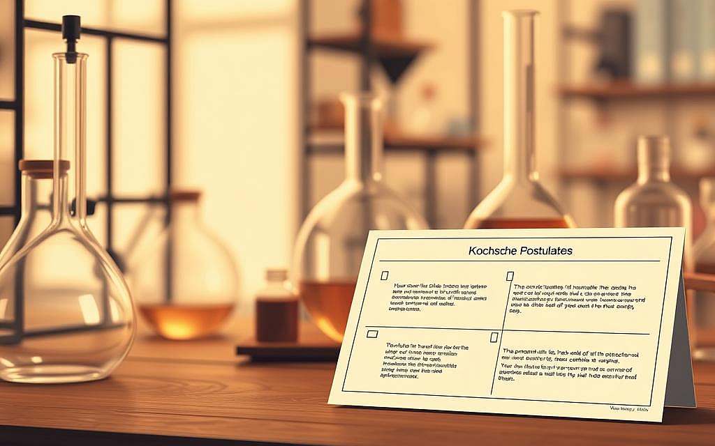A detailed scientific illustration depicting the "Kochsche Postulate" in a serene, contemplative atmosphere. The foreground features a clean, technical diagram of the four postulates, rendered with precise lines and muted colors. The middle ground showcases scientific glassware and equipment, hinting at the laboratory setting where these principles were established. The background is a softly blurred, toned-down environment, evoking a sense of scholarly study and investigation. Warm, directional lighting casts subtle shadows, emphasizing the three-dimensional form of the objects. The overall mood is one of intellectual rigor and quiet investigation, befitting the significance of this fundamental scientific framework.