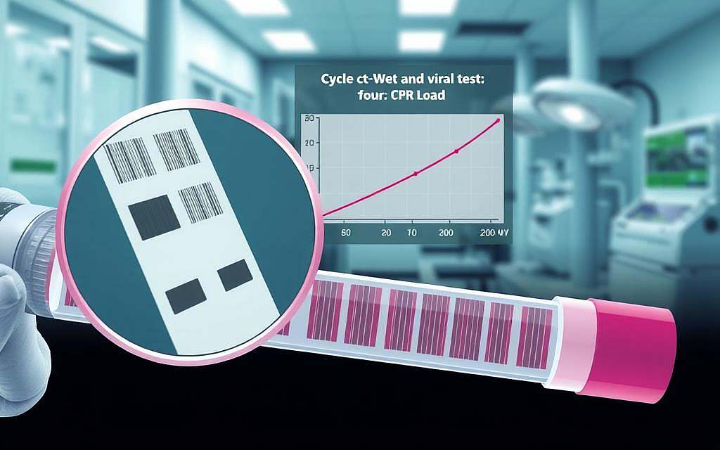 A detailed, technical illustration showcasing the Ct-Wert (cycle threshold value) and the reliability of PCR tests. In the foreground, a magnified view of a PCR test strip, its distinct bands and curves conveying the complex data interpretation required. The middle ground features a graph displaying the correlation between Ct-Wert and viral load, highlighting the nuances and limitations of this metric. In the background, a clinical laboratory setting with high-tech equipment, underscoring the specialized nature of these tests. The overall mood is one of scientific rigor and cautious examination, inviting the viewer to critically consider the role of Ct-Wert in the broader context of COVID-19 diagnostics.