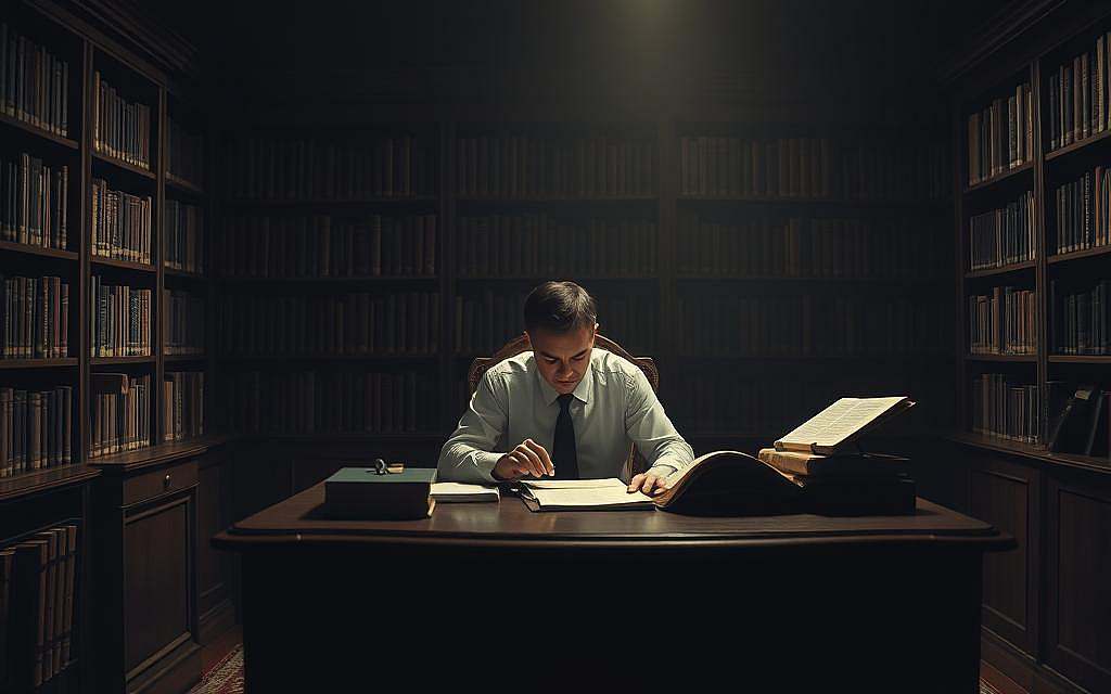 A detailed, thought-provoking critique of conventional medicine in a somber, reflective tone. Set in a dimly lit, shadowy library or study, with bookshelves lining the walls and a heavy, antique desk in the foreground. A lone figure, pensive and contemplative, sits at the desk, carefully studying documents and medical texts. Soft, warm lighting illuminates the scene, creating a contemplative atmosphere. The overall scene evokes a sense of introspection, questioning the status quo, and a search for alternative perspectives on healthcare. The composition should draw the viewer's attention to the central figure, inviting them to ponder the deeper questions surrounding the topic.