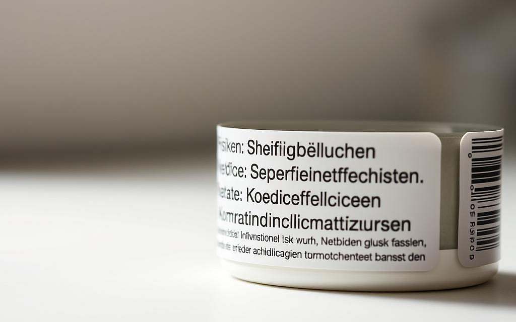 A detailed view of a medication label showcasing the "Risiken, Nebenwirkungen, Kontraindikationen" (Risks, Side Effects, Contraindications) section. The label is clean, minimalist, and clearly legible against a soft, blurred background. The lighting is subtle, creating a sense of depth and drawing the viewer's focus to the important information. The angle is slightly tilted, adding visual interest and a sense of professionalism. The overall mood is one of seriousness and attention to detail, reflecting the importance of understanding the risks and precautions associated with medical treatments.
