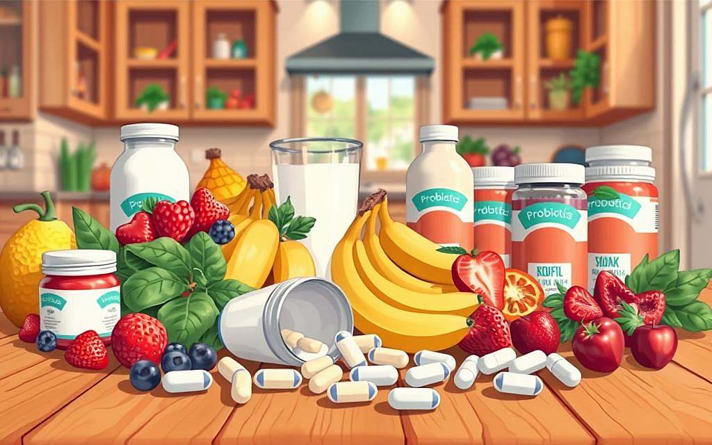 A detailed, vividly colored illustration of various probiotic food items and supplements laid out on a wooden table or surface. The foreground features an assortment of yogurt containers, kefir drinks, and capsule supplements, with some open to reveal the contents. The middle ground shows fresh fruits and vegetables like berries, bananas, and leafy greens, representing natural probiotic sources. The background showcases a warm, cozy kitchen setting with subtle lighting, perhaps through a window or overhead lamps, creating a calm, wholesome atmosphere. The overall composition highlights the diversity and natural essence of probiotics, emphasizing their role in restoring gut health.