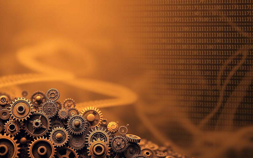 A digital landscape depicting the evolution of coding methods, from ancient symbols and glyphs to modern binary systems. In the foreground, a series of interconnected gears and cogs represent the mechanical nature of early computing. The middle ground features a DNA helix, the foundation of all life, intertwined with abstract geometric shapes, hinting at the deep connection between biological and technological information. In the background, a vast expanse of binary code cascades, symbolizing the transition to digital systems. Warm, earthy tones create a sense of timelessness, while subtle lighting and depth of field draw the viewer's eye through the various layers of this transformative narrative.