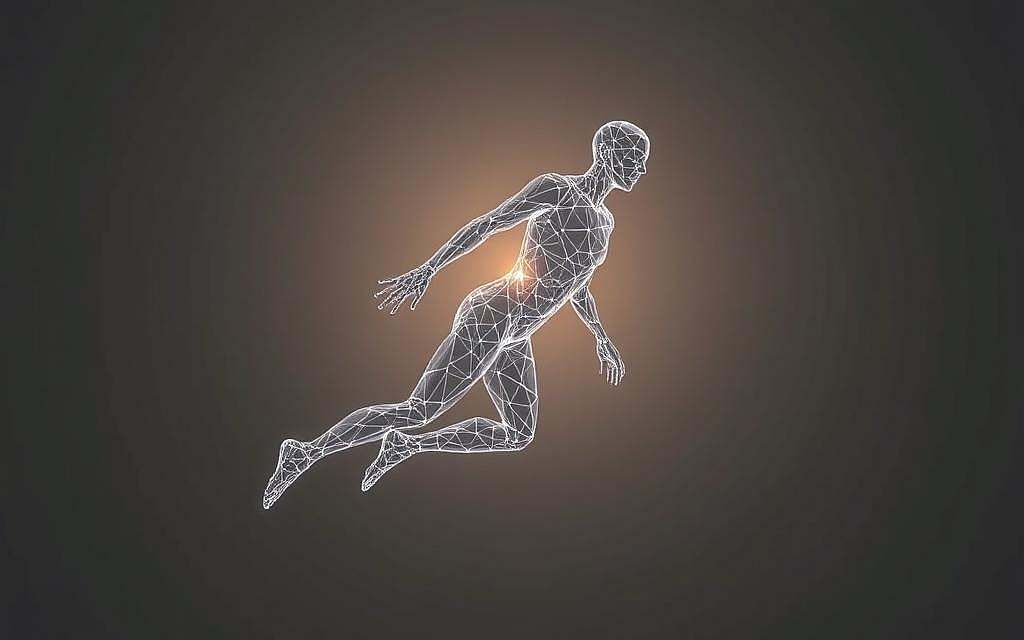 A digitalized human figure, its form reduced to a mesh of interconnected lines and polygons, illuminated by a soft, ambient glow. The figure seems to float in a void, detached from physical constraints, its limbs and features subtly shifting and distorting, hinting at the fluidity of the digital realm. The image conveys a sense of detachment, a dislocation from the tangible world, as the body becomes a mere vessel for data, a conduit for the flow of information. The lighting casts long, angular shadows, emphasizing the geometric nature of the digital form, while the muted color palette lends an air of contemplation and introspection. This image captures the essence of the "digitalized body," a representation of the human form transformed by the ubiquity of technology and the increasing merger of the physical and virtual realms.