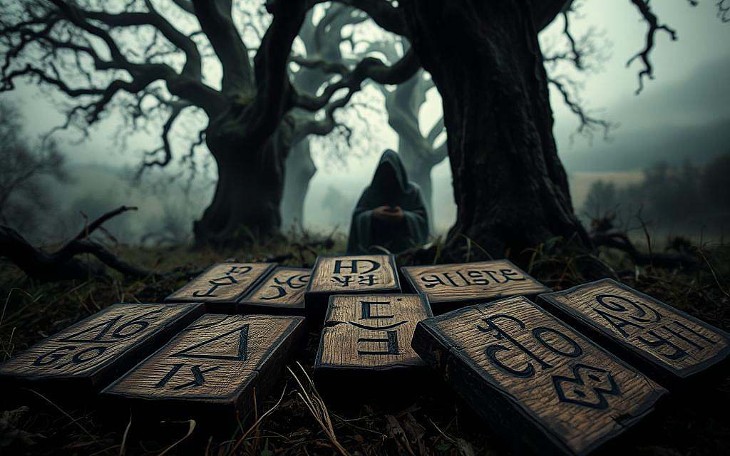 A dimly lit, ancient Germanic forest with gnarled, twisted trees and a misty, ethereal atmosphere. In the foreground, a series of wooden rune tablets, their surfaces adorned with intricate, arcane symbols, lie scattered among the undergrowth. The middle ground features shadowy, hooded figures, their faces obscured, engaged in a ritual or discussion, hinting at the complexities and misunderstandings surrounding runic magic. The background fades into a hazy, dreamlike realm, with a distant, half-glimpsed mystical landscape, suggesting the hidden depths and enigmatic nature of this ancient esoteric tradition. The lighting is moody and atmospheric, creating a sense of mystery and the unknown. Shot with a wide-angle lens to capture the expansive, immersive quality of the scene.