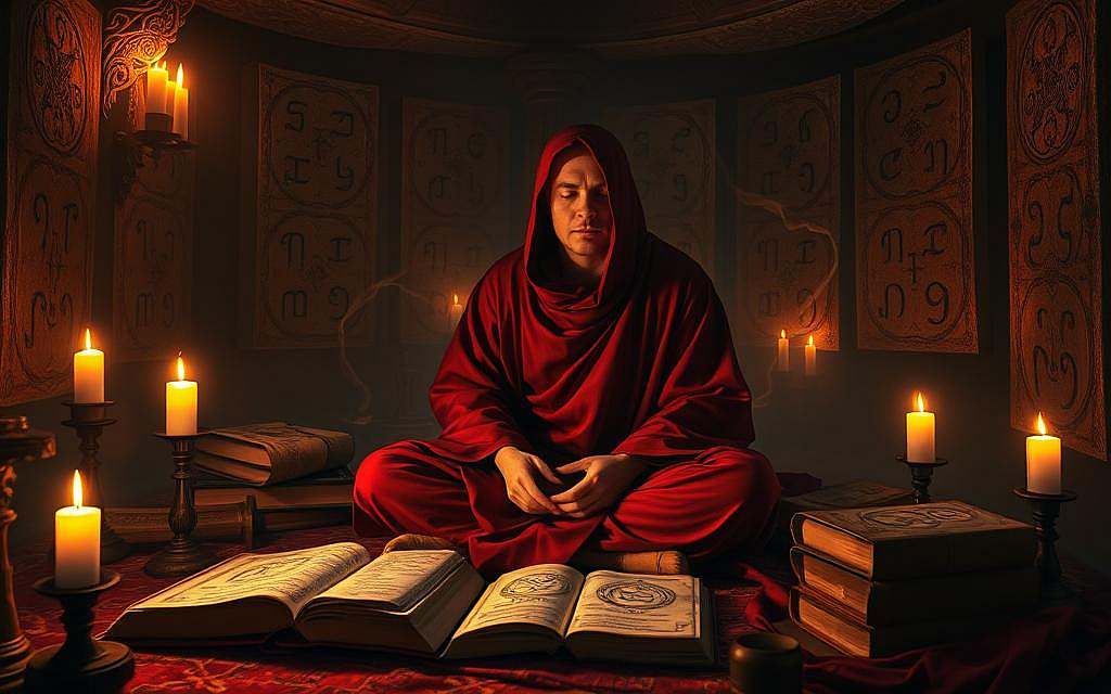A dimly lit chamber, candles flickering, casting warm shadows upon ancient tomes and intricate rune carvings. A figure, cloaked in deep burgundy robes, sits cross-legged, eyes closed in deep contemplation, the weight of runic power palpable in the air. Soft hues of amber and crimson blend seamlessly, imbuing the scene with a sense of reverence and mystical solemnity. The runes, carved with precision, glow with an otherworldly light, a testament to the sacred knowledge they hold. Tendrils of ethereal energy coil and dance, connecting the practitioner to the unseen realms. A profound atmosphere of responsibility and spiritual maturity permeates the chamber, a reminder of the ethic and discipline required to wield the power of the ancient Germanic runes.