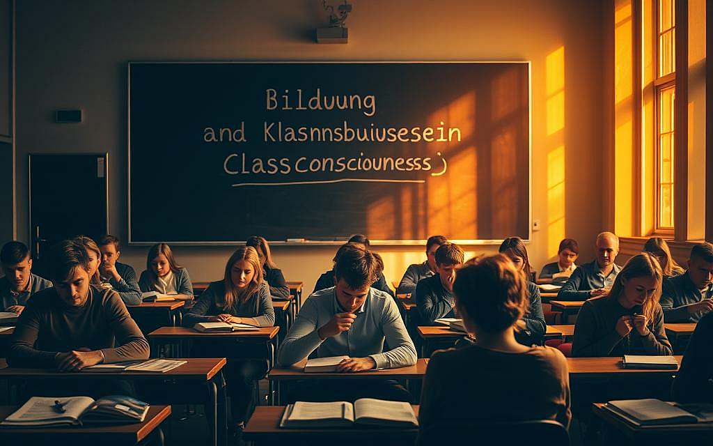 A dimly lit classroom, desks in tidy rows, textbooks and notebooks scattered across their surfaces. In the foreground, a group of students, each lost in deep thought, brows furrowed as they ponder the weight of their class consciousness. Warm light filters in through tall windows, casting a golden glow on the scene, imbuing it with a sense of contemplation and revelation. In the background, a towering blackboard, its surface emblazoned with the title "Bildung und Klassenbewusstsein" - a visual representation of the key to a classless society, as envisioned by the great thinker, Karl Marx. The composition is balanced, the lighting dramatic, the mood introspective, inviting the viewer to join this intellectual discourse.