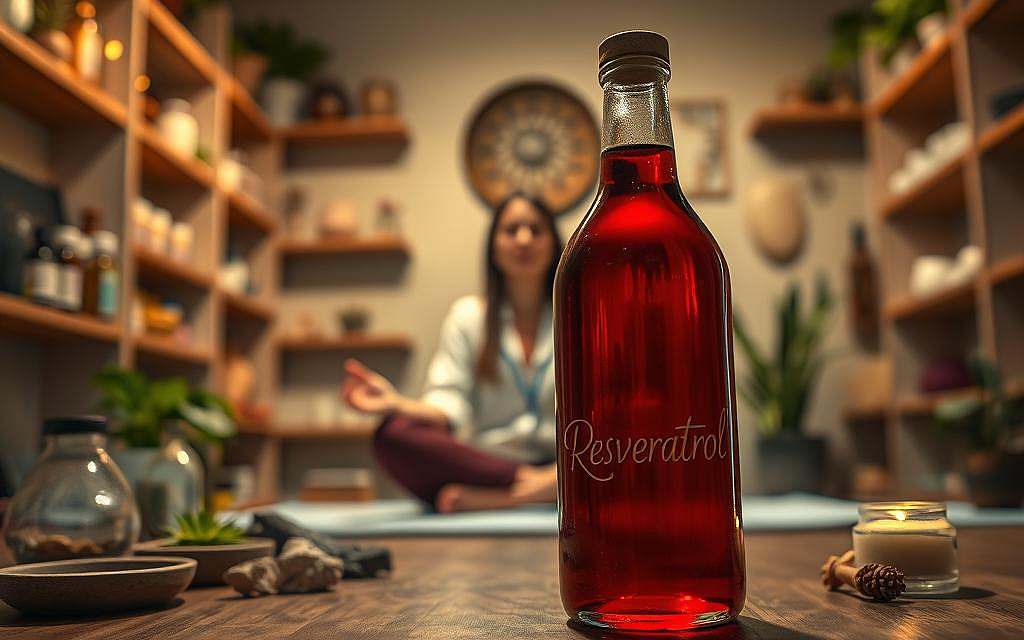 A dimly lit holistic medicine clinic, with shelves of natural remedies and a serene atmosphere. In the foreground, a glass bottle filled with deep red liquid, the label reading "Resveratrol" in a cursive font. Surrounding it, various alternative healing tools like crystals, incense, and herbal tinctures. In the middle ground, a practitioner sits cross-legged, their hands in a meditative pose, reflecting on the potential therapeutic properties of this antioxidant compound. The background is softly blurred, hinting at other natural elements like plants and soothing, earthy tones. The lighting is warm and inviting, creating a sense of calm and wellness.