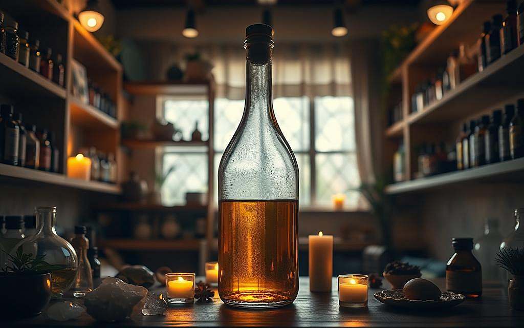 A dimly lit holistic wellness clinic, with shelves displaying various herbal remedies and essential oils. In the center, a large glass bottle filled with a golden, viscous liquid - refined petroleum, the focus of this alternative medicine scene. Soft, warm lighting casts a soothing glow, creating an atmosphere of tranquility and natural healing. Crystals, candles, and therapeutic objects surround the petroleum bottle, suggesting its use in complementary therapies. The clinic's cozy, earthy aesthetic evokes a sense of balance and harmony, hinting at the hidden powers of this versatile natural resource.