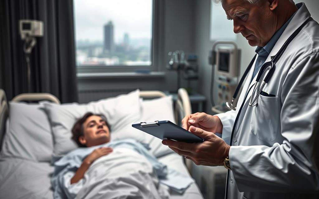 A dimly lit hospital room, with a patient lying in a hospital bed, their face showing a mix of hope and apprehension. In the foreground, a doctor holds a clipboard, their expression grave yet compassionate, discussing the patient's treatment options. In the background, medical equipment and a window looking out onto a gloomy, overcast cityscape, symbolizing the uncertainty and challenges of the patient's prognosis. The scene is rendered in a muted color palette, evoking the somber mood of the subject matter. The lighting is soft and directional, casting long shadows and highlighting the introspective nature of the moment. The overall composition conveys the complexity and emotional weight of the &quot;Krebsbehandlung Erfolgsaussichten&quot; - the patient's treatment and the prospects for recovery.