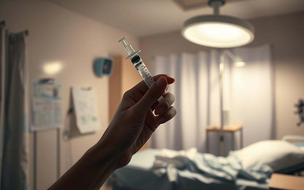 A dimly lit hospital room, with soft, warm lighting illuminating the scene. In the foreground, a hand holds a syringe filled with a clear liquid, symbolizing the administration of antibiotics. The middle ground features a medical chart, a stethoscope, and other medical instruments, indicating the patient's condition and the necessity of this treatment. The background is hazy, with a sense of clinical cleanliness, conveying the sterile environment of a healthcare facility. The overall mood is one of seriousness and importance, reflecting the delicate balance of when antibiotics are truly needed to address critical health concerns.
