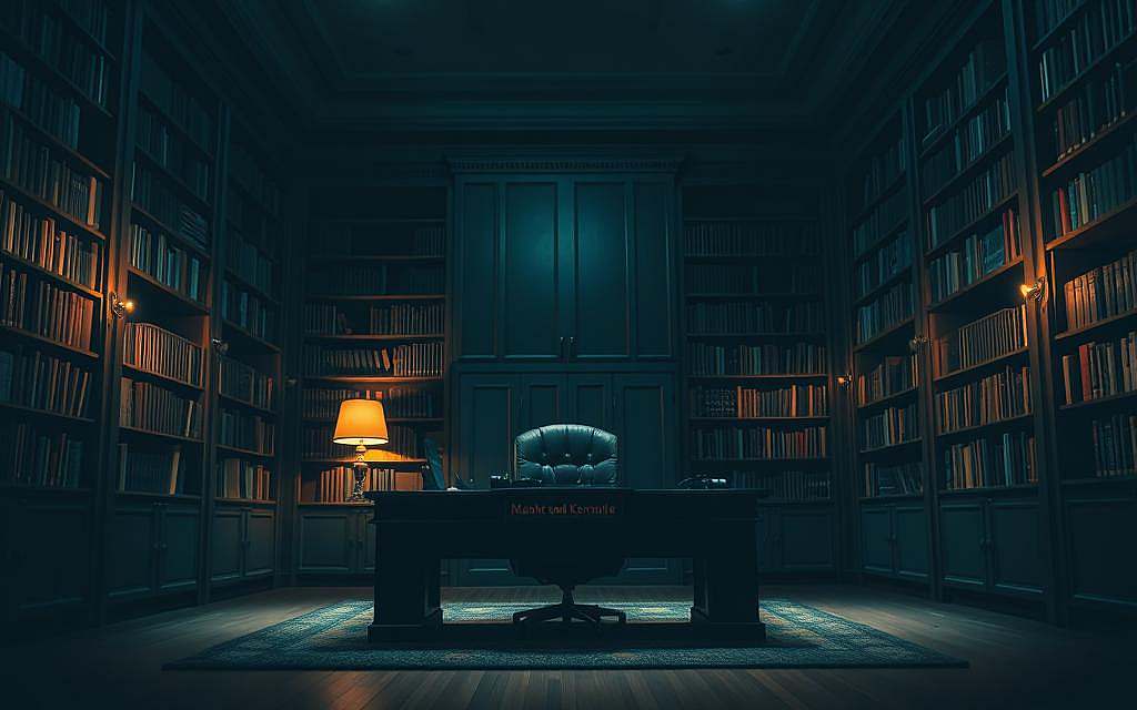 A dimly lit, imposing office space, with an executive desk and chair as the focal point. The desk is adorned with a nameplate that reads "Macht und Kontrolle," casting an ominous shadow across the room. Towering bookshelves line the walls, their contents hinting at the depth of knowledge and authority held within. The lighting is a mix of warm and cool tones, creating a sense of tension and unease. The room's architecture features sharp angles and clean lines, reflecting the precise, calculated nature of the power dynamics at play. The overall atmosphere conveys a sense of unyielding control and the weight of responsibility that comes with it.