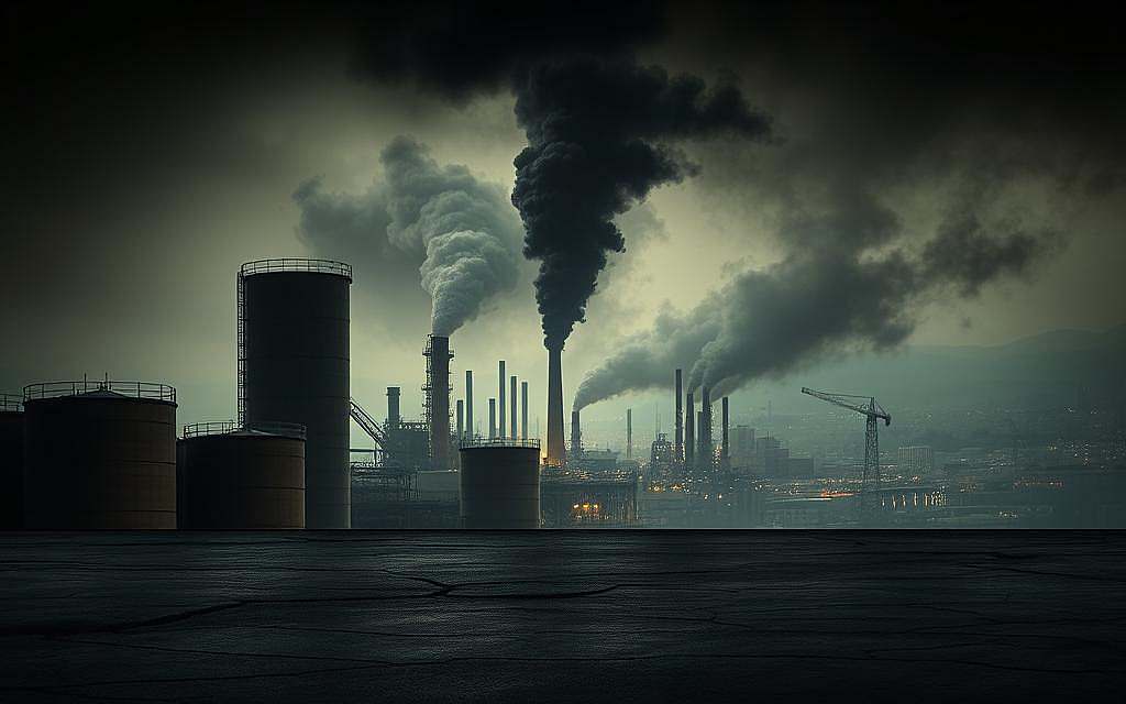 A dimly lit industrial setting, with towering storage tanks and a cracked concrete floor in the foreground. Ominous plumes of dark smoke billow from a refinery in the middle ground, casting an eerie glow. In the background, a cityscape shrouded in a hazy, polluted atmosphere. The overall scene conveys a sense of danger and the hidden risks associated with the extraction and processing of petroleum. Dramatic lighting, with deep shadows and stark contrasts, heightens the ominous mood. The image should evoke a sense of the potential environmental and health hazards of petroleum usage, without being overly graphic or sensational.