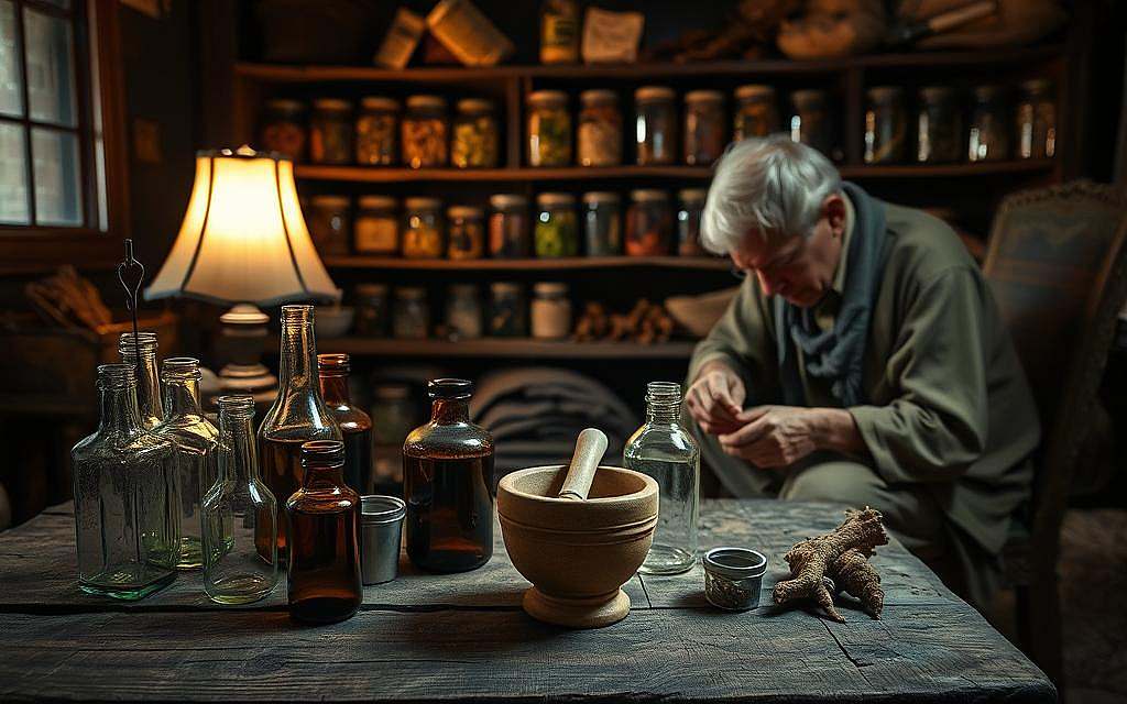 A dimly lit interior scene depicting the traditional application of petroleum. In the foreground, a weathered wooden table holds a collection of glass bottles, mortar and pestle, and other rudimentary medical tools. Soft lamplight casts a warm glow, while in the background, shelves are lined with jars containing various herbs, roots, and other natural remedies. An elderly person, their face partially obscured by shadow, sits hunched over, carefully grinding ingredients and preparing a traditional petroleum-based salve or tincture. The atmosphere is one of quiet contemplation and reverence for ancient healing practices. The lighting, color palette, and composition evoke a sense of timelessness and a connection to the rich history of natural medicine.