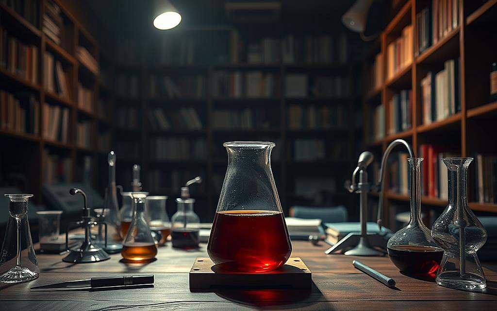 A dimly lit laboratory setting, with a central focus on a glass beaker containing a deep red liquid. The beaker rests on a wooden table, surrounded by scientific equipment such as pipettes, Bunsen burners, and intricate glassware. Soft, warm lighting from overhead casts a gentle glow, creating a sense of study and contemplation. In the background, shelves filled with books and journals line the walls, suggesting a wealth of knowledge and research. The atmosphere is one of quiet, focused investigation, as if the viewer is privy to the ongoing exploration of the resveratrol compound and its potential benefits.