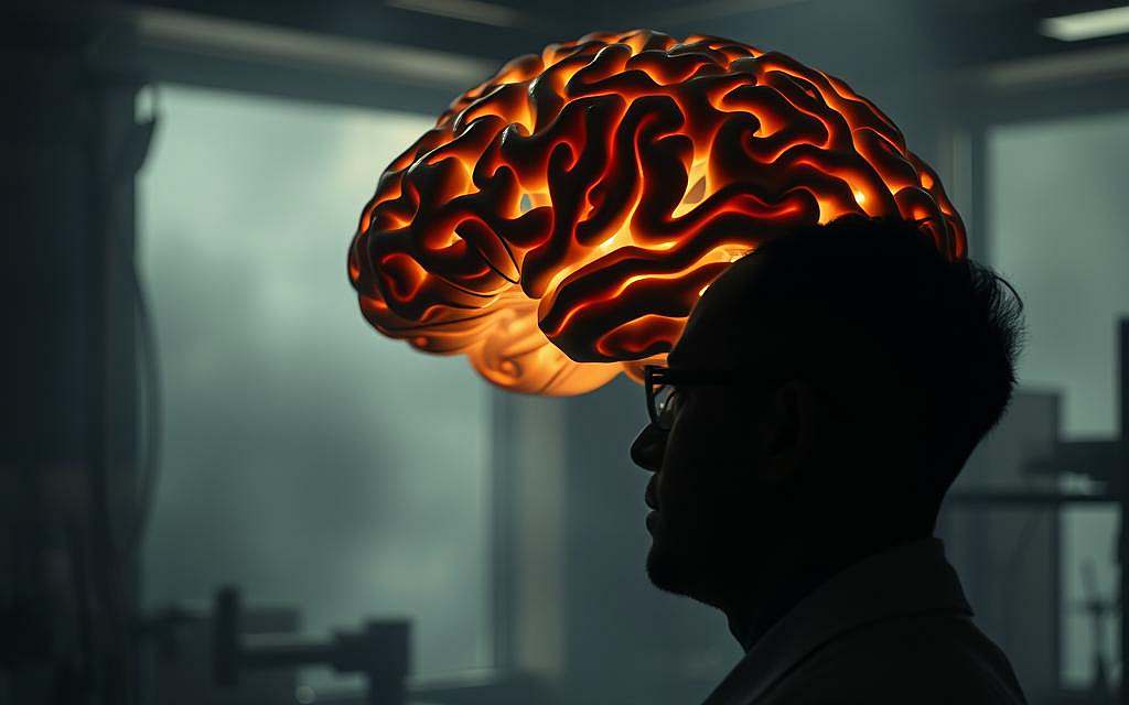 A dimly lit laboratory setting, with a large, intricate human brain model suspended in the center. Soft, warm lighting illuminates the complex neural pathways and synaptic connections, suggesting the interplay between the physical structure and the elusive realm of the mind. In the foreground, a scientist, their face in shadow, contemplates the model, lost in thought. The background is shrouded in an atmospheric, dreamlike haze, hinting at the philosophical questions surrounding the nature of consciousness and identity. The scene evokes a sense of discovery, of the ongoing quest to unravel the mysteries of the human mind.