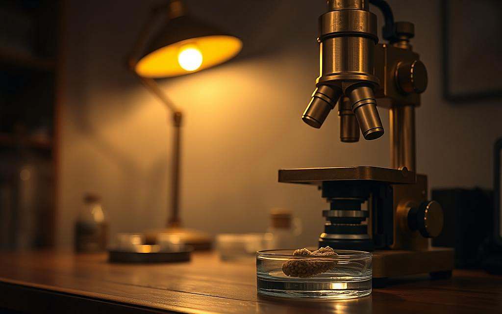 A dimly lit laboratory setting, with a vintage-style Dunkelfeldmikroskope (dark-field microscope) resting on a wooden table. The microscope's brass components gleam softly, illuminated by a single, warm lamp casting a cozy glow across the scene. Intricate glass lenses and metal knobs are visible, hinting at the precision instrument's inner workings. In the foreground, a petri dish or glass slide containing a mysterious organic specimen sits ready for examination. The background is obscured in a subtle haze, keeping the focus on the captivating microscope and the unknown sample it will reveal. A sense of quiet contemplation and scientific discovery permeates the atmosphere.