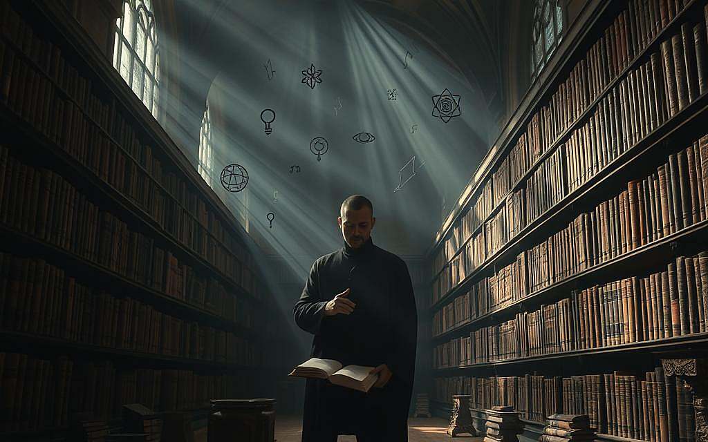 A dimly lit library, with rows of ancient tomes lining the shelves. In the center, a lone figure stands, hand resting on an open book, their face obscured by shadows. Shafts of ethereal light filter through high windows, casting an air of mysticism and anticipation. The atmosphere is heavy with the weight of knowledge and the possibilities it holds - the language of the past pointing towards the future. Surrounding the central figure, abstract symbols and glyphs hover in the air, hinting at the complex relationship between speech, cognition, and foresight. The scene evokes a sense of contemplation and the notion that the key to unlocking the future may lie within the power of language itself.