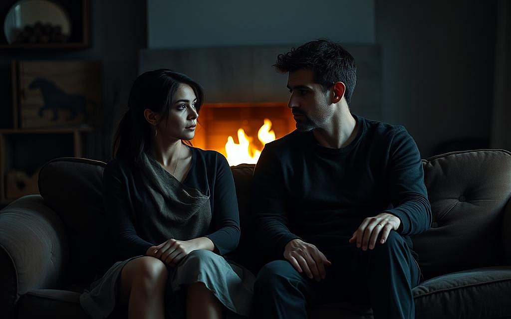 A dimly lit living room, the warm glow of a fireplace casting shadows on the walls. Two figures, a man and a woman, sit together on a plush sofa, their body language stiff and distant. The air is thick with unspoken tension, a palpable sense of disconnect between them. The woman's gaze is averted, her expression pensive, while the man appears lost in his own thoughts, his hand resting on the cushion, but not reaching out to her. The room is filled with a melancholic atmosphere, hinting at the complex emotional landscape beneath the surface of their relationship.