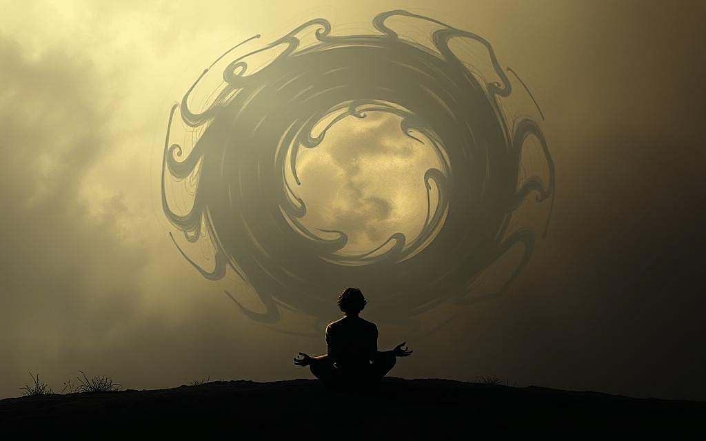 A dimly lit, meditative landscape depicting Spinoza's monistic philosophy. In the foreground, a lone figure seated in a contemplative pose, their face obscured, representing the philosopher's focus on the unity of all things. Behind them, a swirling, abstract tapestry of shapes and colors symbolizes the seamless integration of God and nature, the core of Spinoza's monism. The background is hazy, with subtle atmospheric lighting casting a somber, pensive mood over the scene. The composition is balanced and harmonious, mirroring the philosophical concept of the oneness of existence. A dimly lit, meditative landscape depicting Spinoza's monistic philosophy. In the foreground, a lone figure seated in a contemplative pose, their face obscured, representing the philosopher's focus on the unity of all things. Behind them, a swirling, abstract tapestry of shapes and colors symbolizes the seamless integration of God and nature, the core of Spinoza's monism. The background is hazy, with subtle atmospheric lighting casting a somber, pensive mood over the scene. The composition is balanced and harmonious, mirroring the philosophical concept of the oneness of existence.