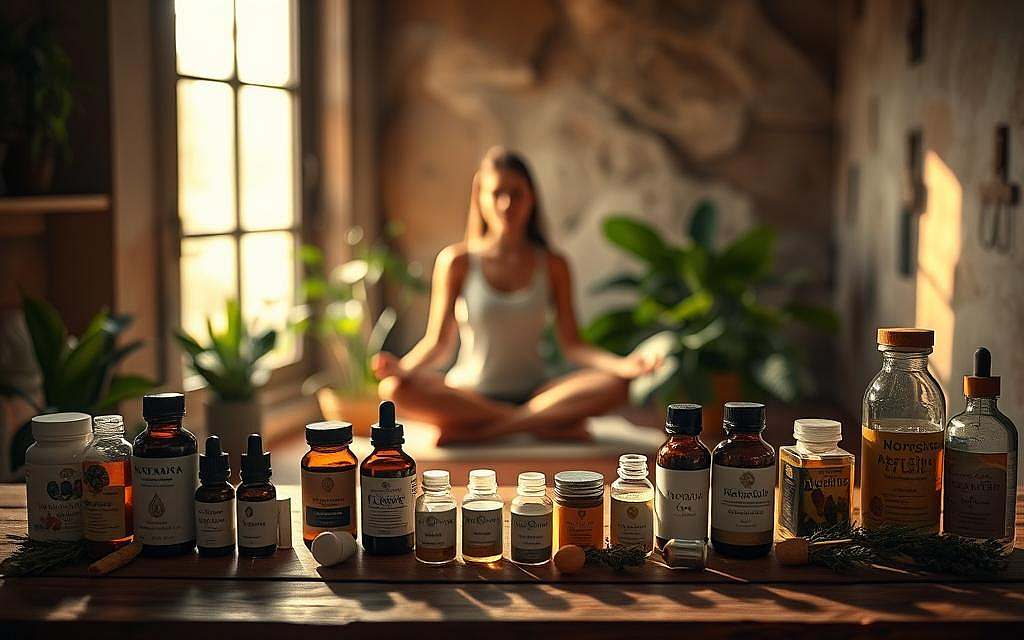 A dimly lit, meditative scene depicting natural remedies and alternative therapies for antibiotic resistance. In the foreground, an assortment of herbal supplements, essential oils, and holistic medicines are arranged on a wooden table, casting soft shadows. In the middle ground, a person sits cross-legged in a yoga pose, surrounded by lush, verdant plants. Warm, muted lighting filters through a window, creating a serene, contemplative atmosphere. The background features earthy tones and natural textures, evoking a sense of balance and harmony between modern medicine and traditional healing practices.