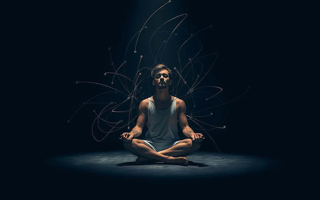 A dimly lit, philosophical composition depicting the dichotomy of control. In the foreground, a serene figure sits cross-legged, eyes closed, embodying the Stoic principles of inner tranquility. Surrounding them, a swirling chaos of abstract shapes and lines, representing the external forces beyond one's control. The lighting is dramatic, casting deep shadows and highlights, evoking a sense of contemplation. The composition is balanced, with the calm figure at the center, anchoring the turbulent background. The overall mood is one of introspection and the pursuit of equanimity amidst the uncertainties of life.