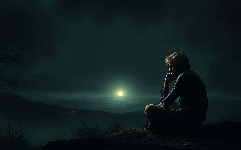 A dimly lit, philosophical landscape with a solitary figure contemplating the complexities of human existence. In the foreground, a weathered, pensive individual sits cross-legged, lost in deep thought, their face partially obscured by shadow. The middle ground features a shifting, abstract backdrop of geometric shapes and forms, hinting at the layers of ideas and perspectives that define the human condition. In the distance, a faint glimmer of light illuminates the horizon, suggesting the possibility of finding answers amidst the turmoil of crisis. The scene is bathed in a moody, introspective atmosphere, inviting the viewer to ponder the interplay between reason, freedom, and the human experience.