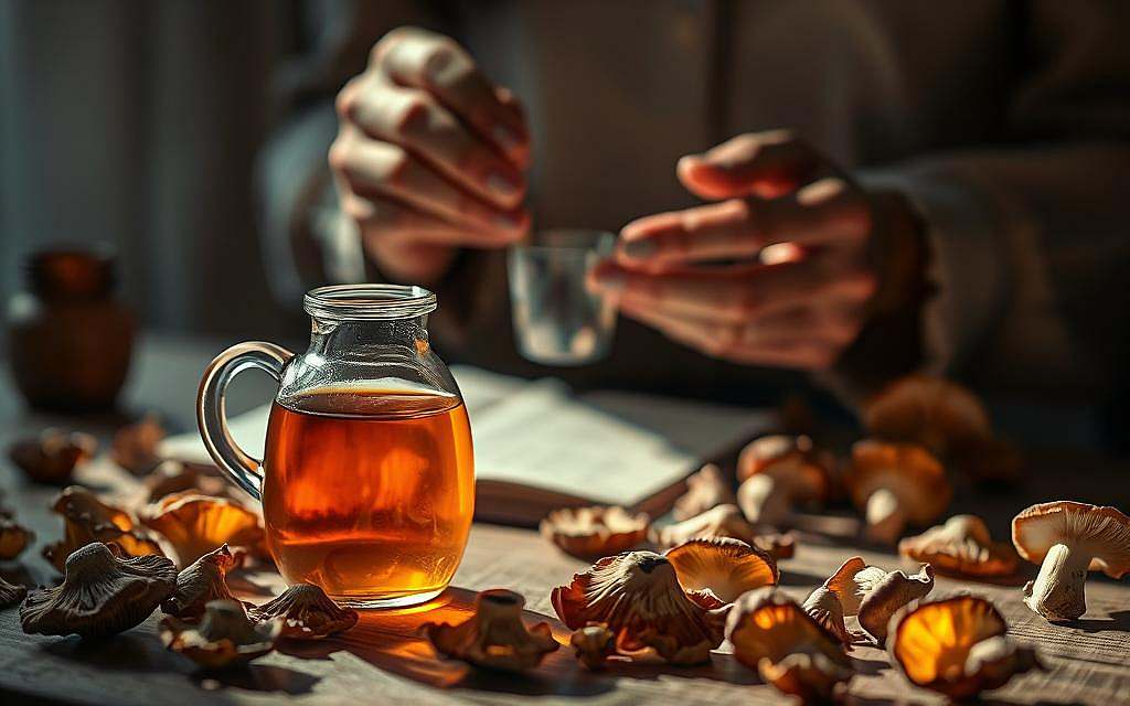 A dimly lit, richly textured scene depicting a mycomedical treatment session with the Agaricus blazei Murill mushroom. In the foreground, a glass vessel filled with an amber-hued tincture sits on a wooden table, surrounded by scattered dried mushroom caps. Soft, warm lighting casts gentle shadows, highlighting the intricate patterns and earthy tones of the fungi. In the middle ground, the hands of a holistic practitioner carefully measure and prepare the medicinal extract, their movements conveying a sense of reverence and expertise. The background is softly blurred, suggesting a tranquil, meditative space conducive to the mykotherapeutic process. The overall mood is one of natural healing, with a focus on the therapeutic power of this remarkable mushroom species.