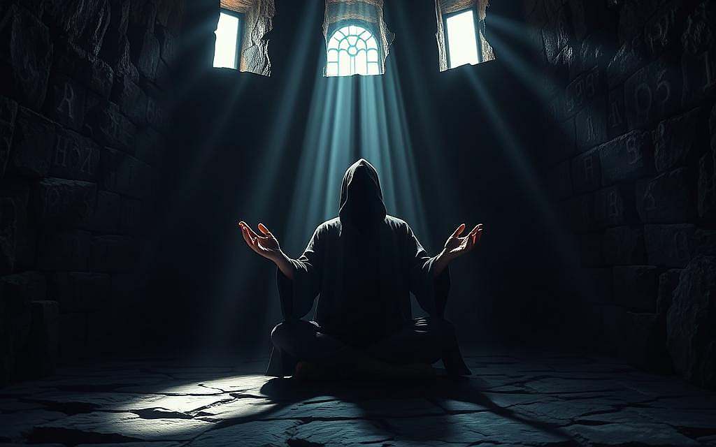 A dimly lit ritual chamber, ancient Germanic runes etched into the walls casting an ethereal glow. In the center, a cloaked figure sits cross-legged, hands outstretched, palms upturned. Shimmering energy flows from the runes, converging around the practitioner, who appears to be in deep meditation, communing with the divine. Shadows dance across the rough-hewn stone, creating an atmosphere of mystery and esoteric power. Rays of moonlight stream through narrow windows, lending a mystical quality to the scene. The overall mood is one of profound mysticism, a window into the arcane world of runenmagie.