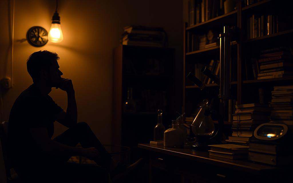 A dimly lit room, illuminated by a warm, incandescent light. On the left, a human figure sits in deep contemplation, their features obscured by shadow, symbolizing the subjective, introspective nature of the human experience. On the right, an array of scientific instruments and books, representing the objective, rational pursuit of knowledge. The contrast between the two creates a visual metaphor for the tension between subjectivity and objectivity. The scene is captured with a shallow depth of field, blurring the background and drawing the viewer's attention to the central elements. The overall tone is one of thoughtful introspection, inviting the viewer to ponder the intersection of the subjective and the objective.