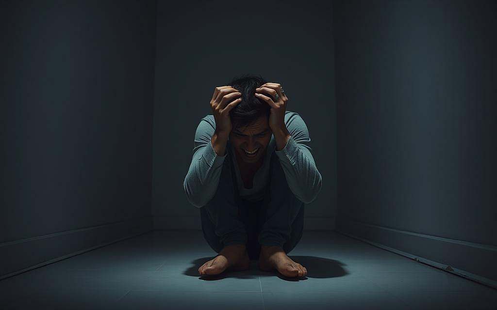 A dimly lit room, shadows creeping along the walls, a sense of unease palpable in the air. In the center, a lone figure sits hunched over, hands grasping tightly at the sides of their head, their face contorted in a mask of anguish and fear. The room is sparse, devoid of comforting details, a clinical whiteness accentuating the subject's isolation and loss of control. The lighting is harsh, casting sharp contrasts, highlighting the tension and anxiety that permeate the scene. A sense of claustrophobia and oppression hangs heavy, conveying the psychological dimensions of the "Angst und Kontrolle" that define this moment.
