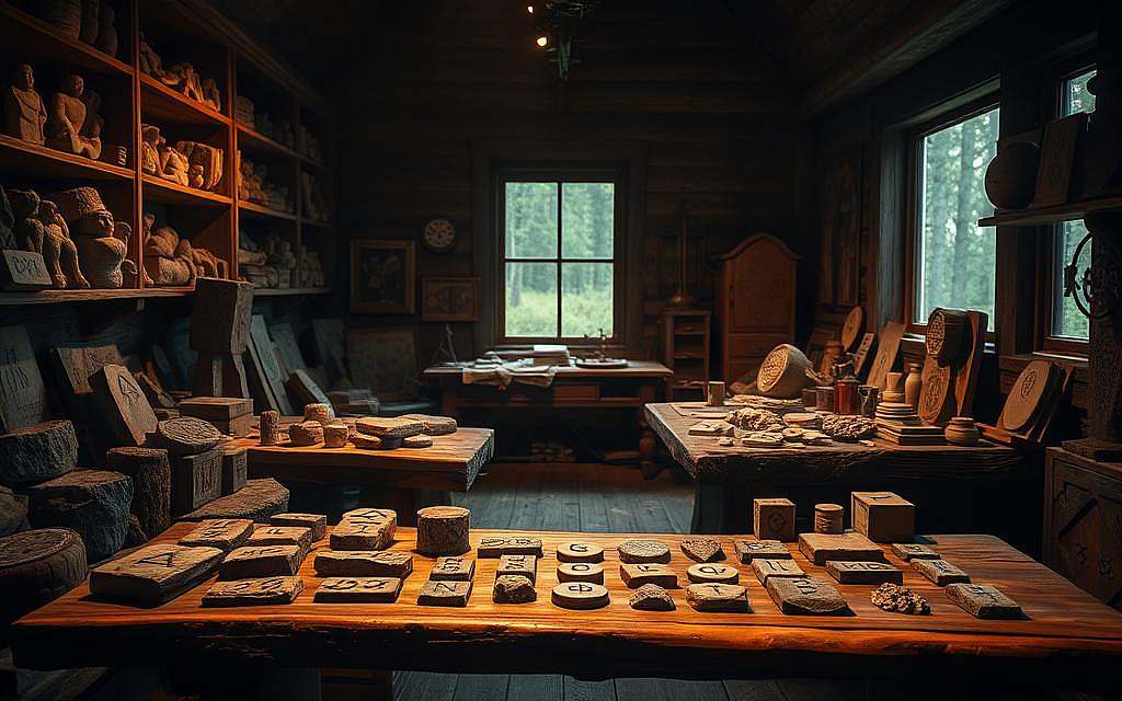 A dimly lit room, shelves lining the walls, filled with an array of ancient runestones and mystical materials. Rough-hewn wooden tables hold carved rune sets, each piece a unique, textured treasure. Soft, warm lighting casts shadows, imbuing the scene with a sense of reverence and contemplation. In the background, a window offers a glimpse of a forested landscape, hinting at the natural world's connection to the artifacts. The overall atmosphere evokes the weight of history and the allure of the esoteric. A masterful interplay of light and shadow, texture and form, drawing the viewer into the heart of Germanic runic magic and mystery.