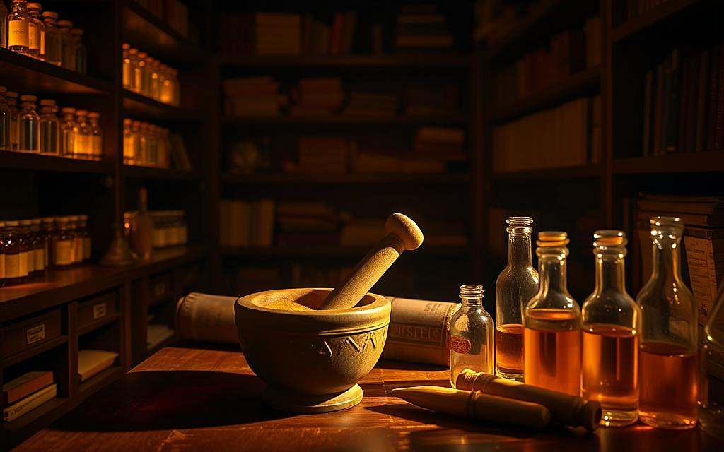A dimly lit room, soft amber light casting shadows on shelves filled with glass vials and ancient tomes. In the center, a wooden desk holds a mortar and pestle, gently grinding a viscous, amber-hued liquid - petroleum, the elixir of homeopathic healing. Nearby, delicate glass bottles, each containing a diluted tincture, await their purpose. The air is thick with the earthy, medicinal scent, as if the very molecules of this room hold the power to restore balance and vitality. A sense of timelessness pervades, hinting at the centuries-old traditions that guide the practice of homeopathic medicine, where petroleum's restorative properties are revered.