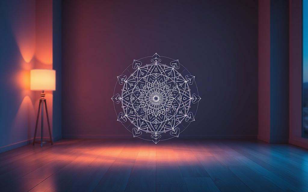 A dimly lit room, soft hues of blue and purple cast a serene, meditative atmosphere. In the center, an intricate mandala-like pattern pulses with energy, its concentric circles and geometric shapes representing the flow of frequencies. The foreground is dominated by this mesmerizing visualization, while the background fades into a blurred, ethereal landscape, suggesting a deeper connection between the physical and the metaphysical. The lighting is warm and subtle, creating a sense of depth and dimensionality. The overall composition conveys a sense of harmony, balance, and the transformative power of frequencies on the human psyche.