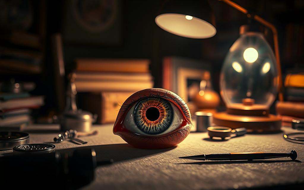 A dimly lit room, the warm glow of a desk lamp casting soft shadows on the surface. In the center, an eye is prominently displayed, the iris a tapestry of intricate patterns and hues, each detail a testament to the complexity of the human body. Surrounding the eye, various tools and instruments associated with irisdiagnostik, the ancient practice of analyzing the iris for insights into health and well-being. The atmosphere is contemplative, inviting the viewer to study the eye and ponder the hidden connections between light, genetics, and the human condition.
